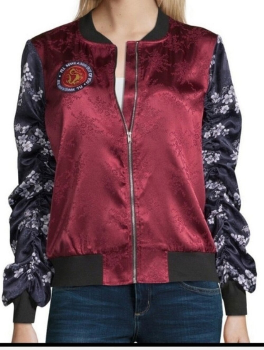 Disney Mulan Satin Bomber Jacket XXL‎ Embroidered Dragon Floral Y2K Statement